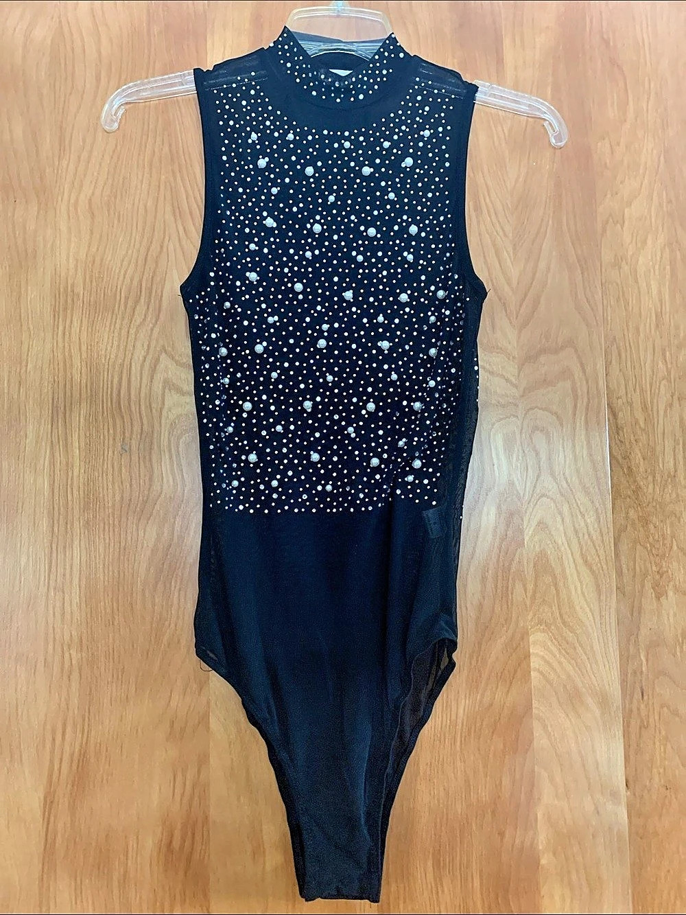 Blue Buttercup Scottsdale Pearled Bodysuit Sheer Black Jeweled sz S Party Top